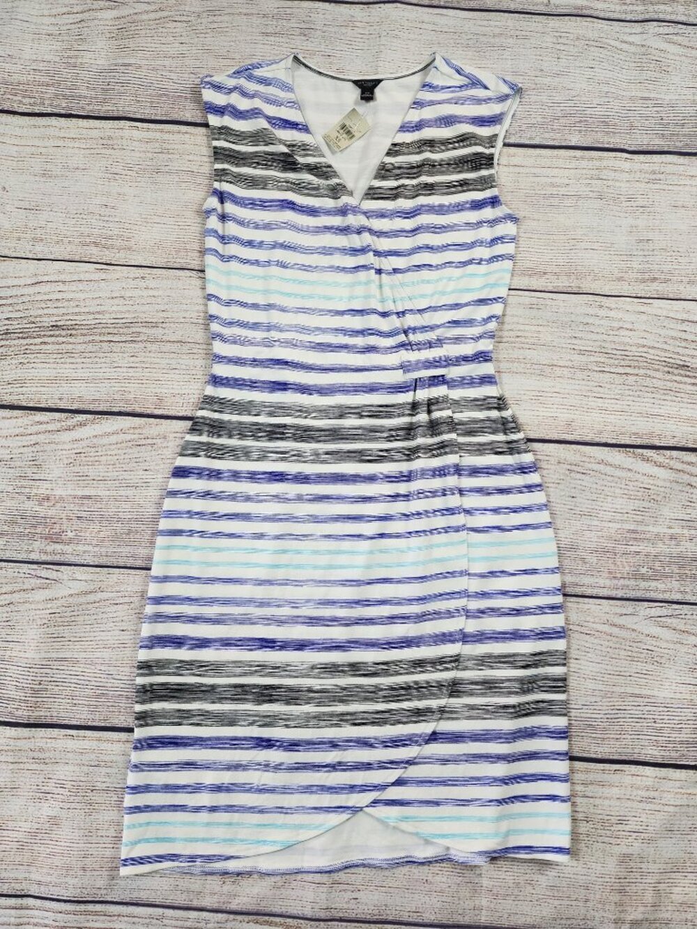Ann Taylor Dress Womens XS Striped Stretch Knit Faux Wrap Sleeveless Vacation